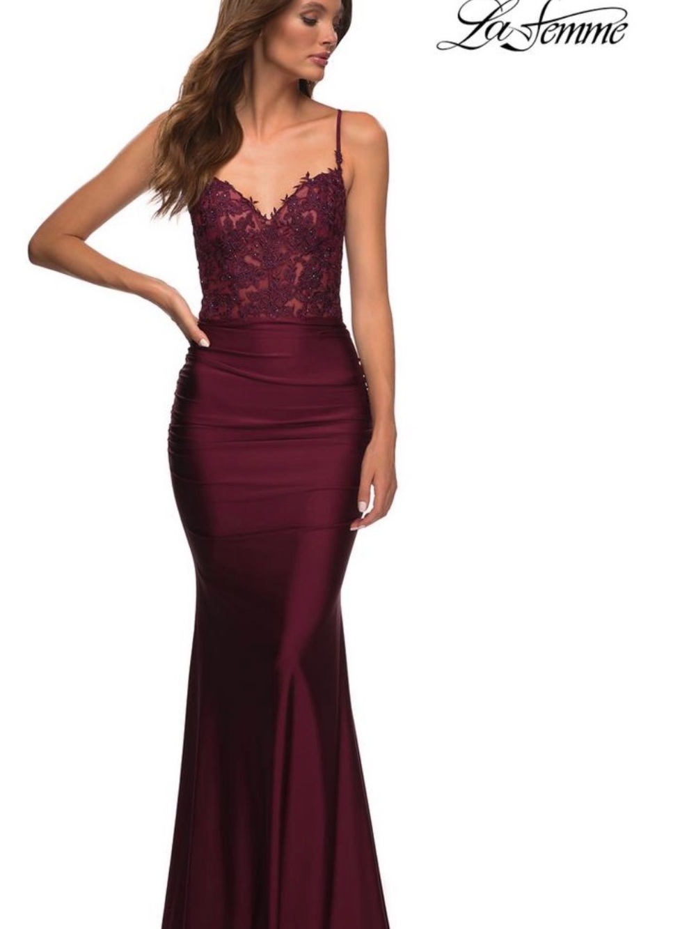 La Femme Burgundy Lace Bodice Mermaid Gown